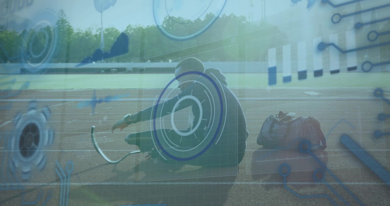 Animation of data processing over disabled african american male runner