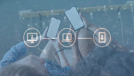 Animation of icons and data processing over diverse women using smartphones