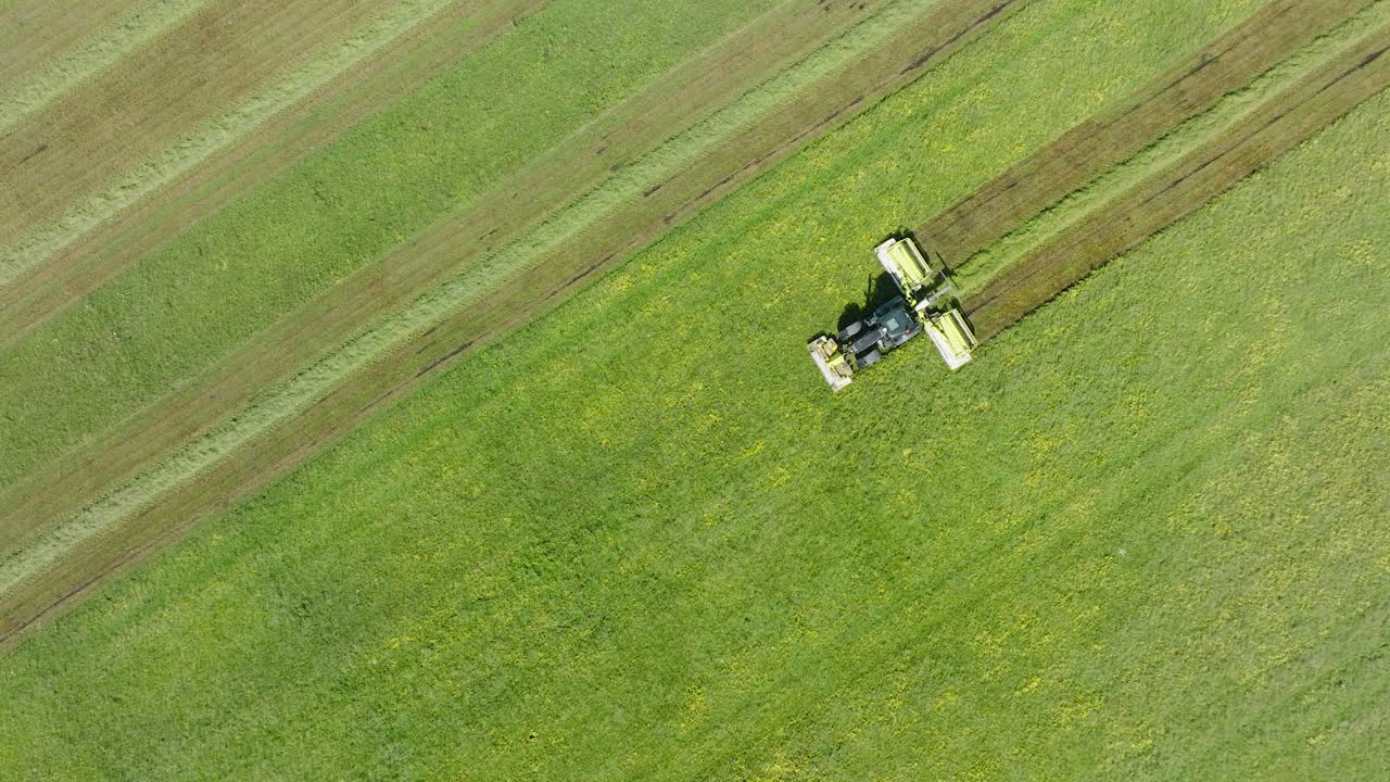 신선한 초록 잔디 ⁇ 을  ⁇ 는 트랙터의 공중 조망, 현대 트랙터에서 농부 가축을 위한 음식을 준비하는,  ⁇ 은 여름 날, 넓은 드론 돌리  ⁇  왼쪽으로 이동