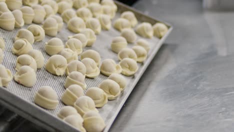 preparing pelmeni dumplings on a tray