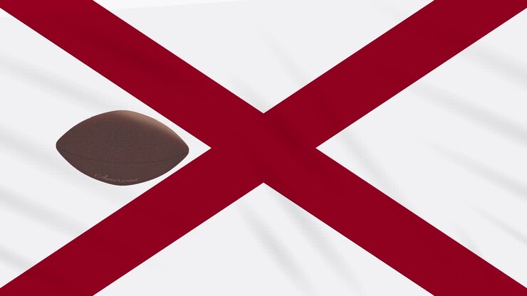 Alabama flag waving and american football ball rotates, loop