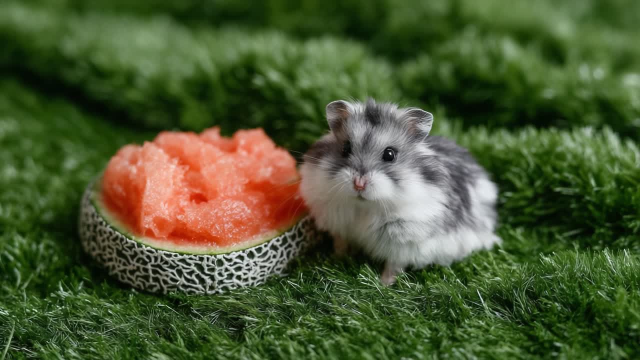 Adorable Hamster Enjoys Refreshing Watermelon Treat on Vibrant Green Grass, Capturing a Playful Moment in the Life of a Pet, Perfect for Animal Lovers to Cherish
