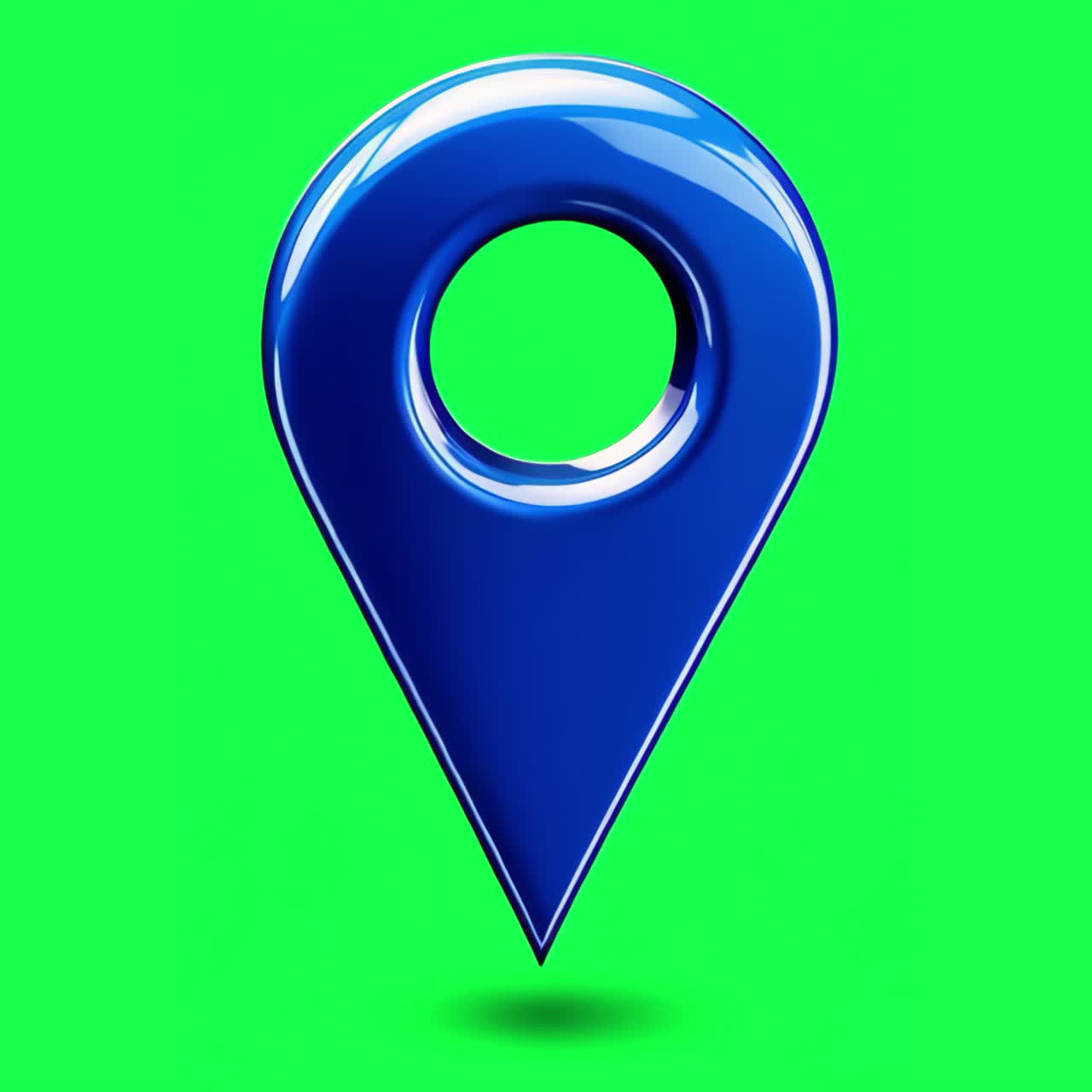 Animation d'une icône de repère de localisation bleu brillant, vidéo 4K transparente, fond vert.