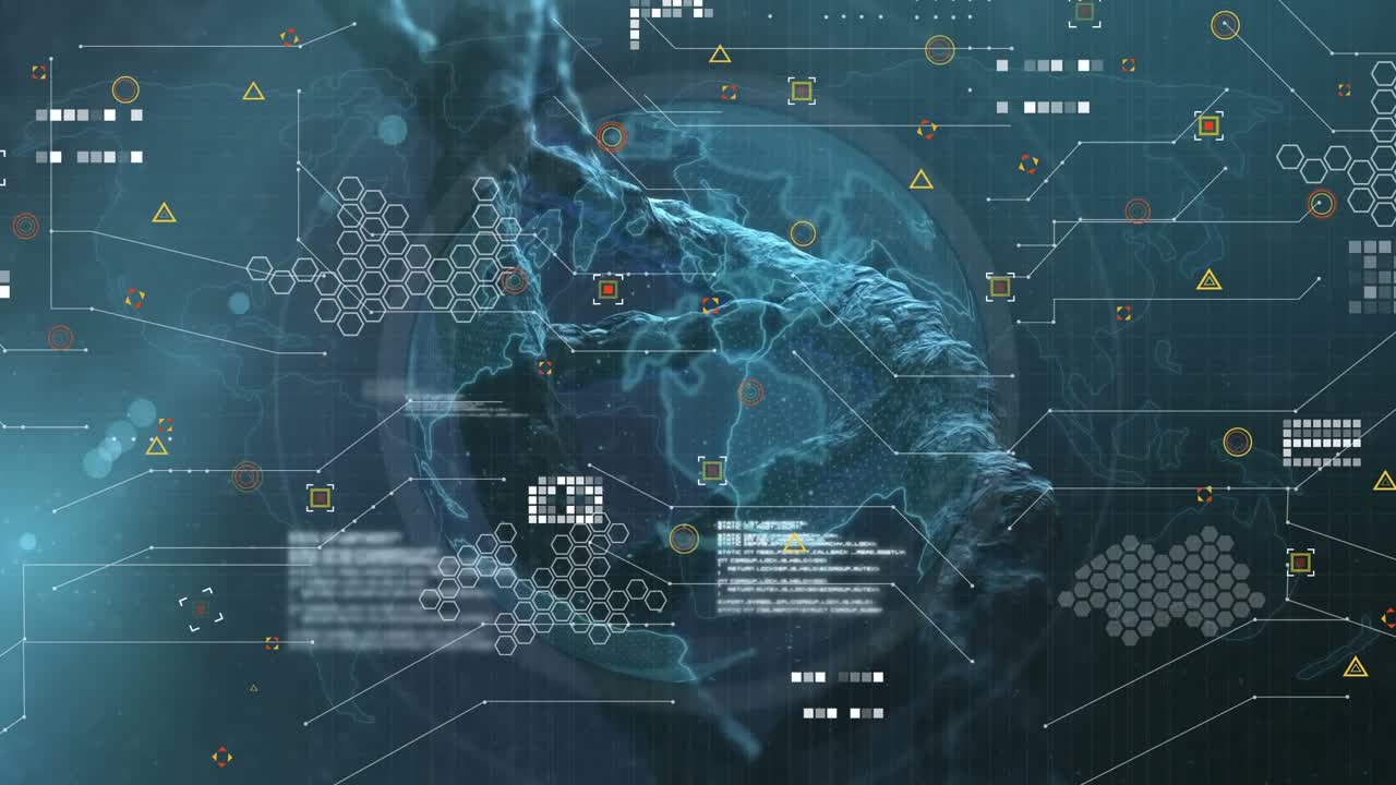 Animation of icons, globe and data processing over dna