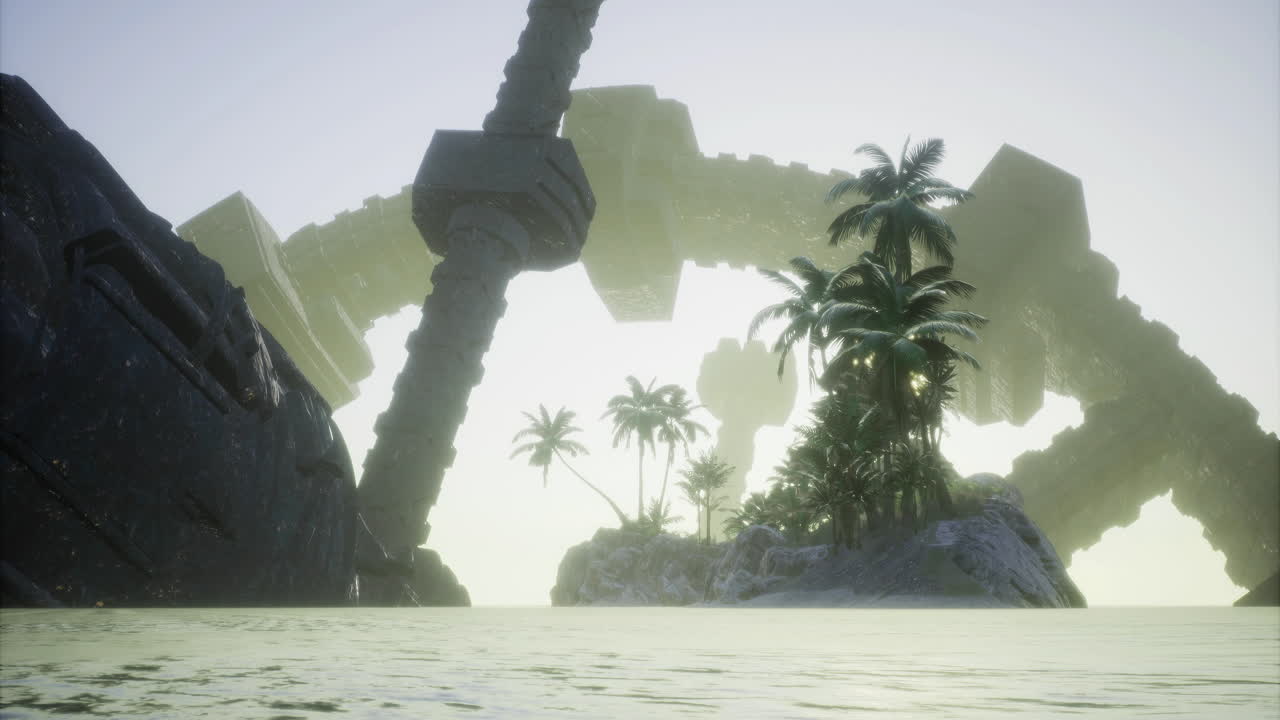 Mysterious alien ship rises over a tropical island at dawn