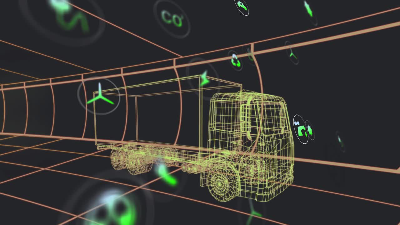 빛나는 맥동 네온 오렌지 와이어프레임 트럭이 아이콘을 자극하여 에너지 콘셉트를 보여주는 궤도를 나타냅니다.