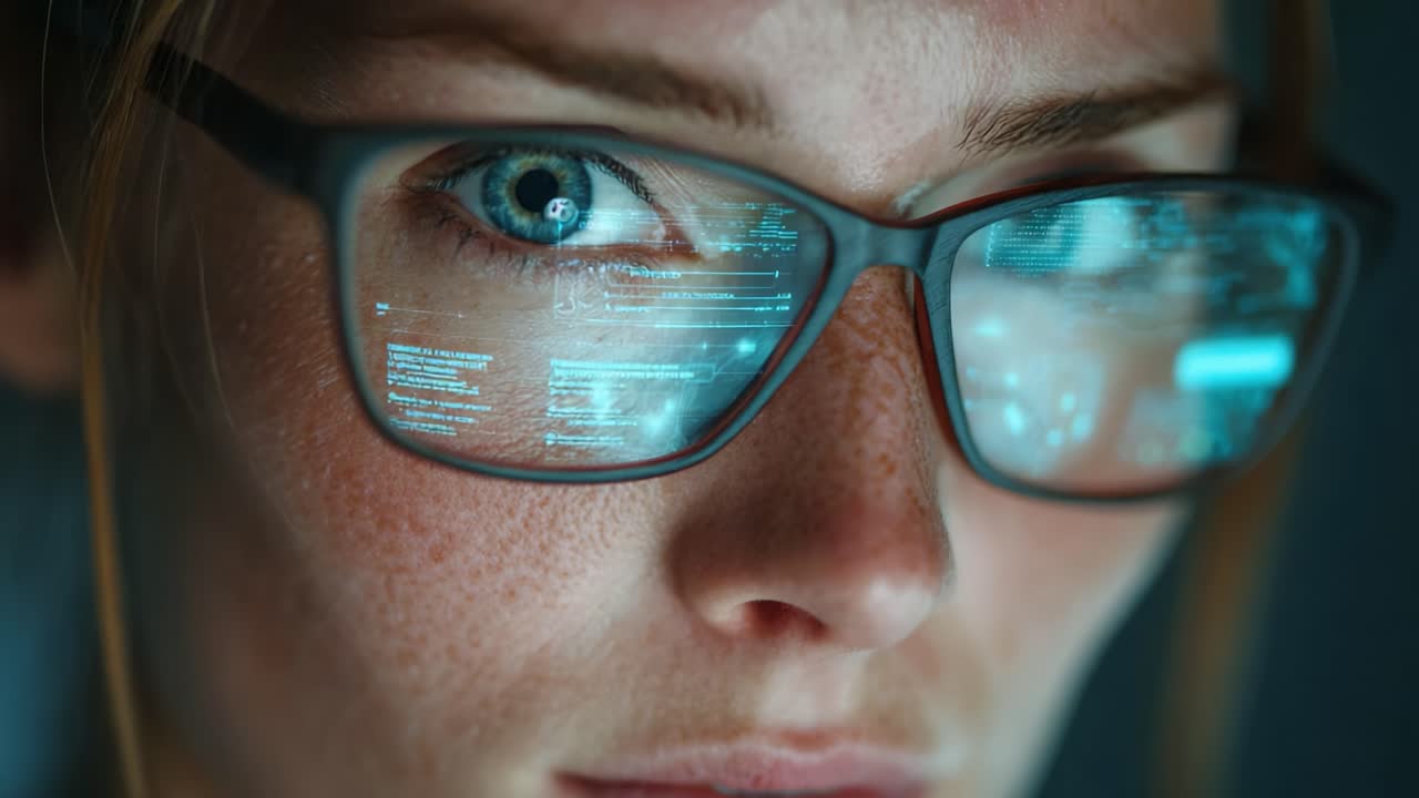 Close-Up of a Focused Individual in Glasses Analyzing Digital Data on a Screen, Highlighting the Intersection of Technology and Human Insight
