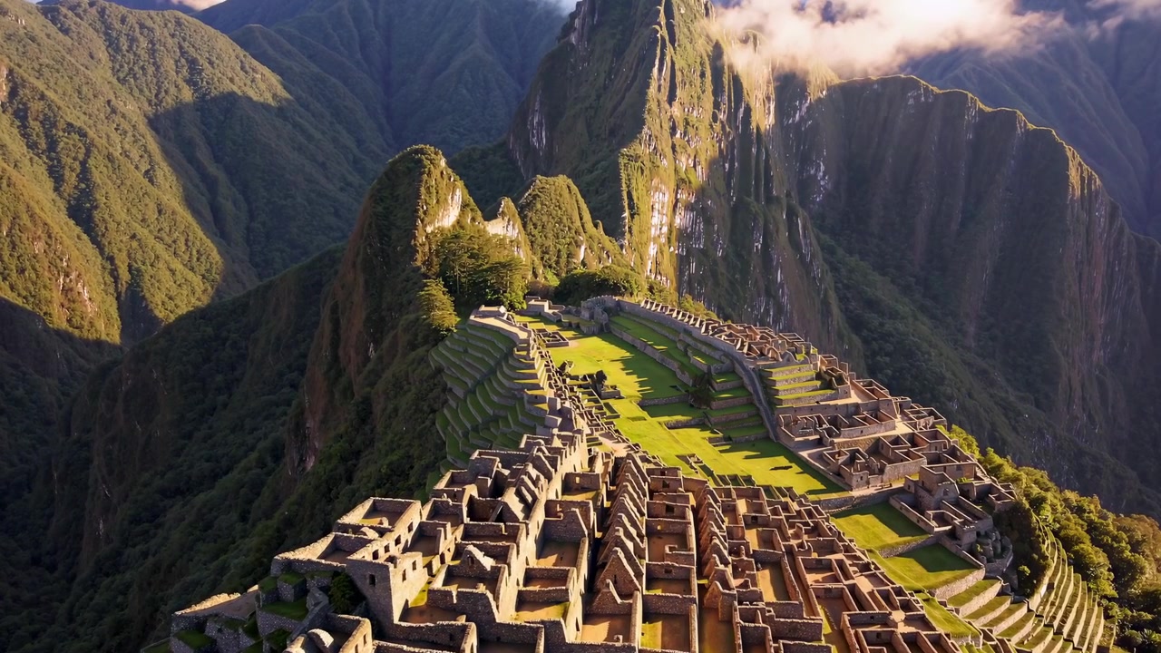 Maestosa vista aerea dell'antica città Inca di Machu Picchu