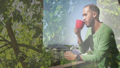 animation of trees over biracial man holding mug and drinking