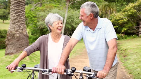 retired couple standing in the park with their bikes