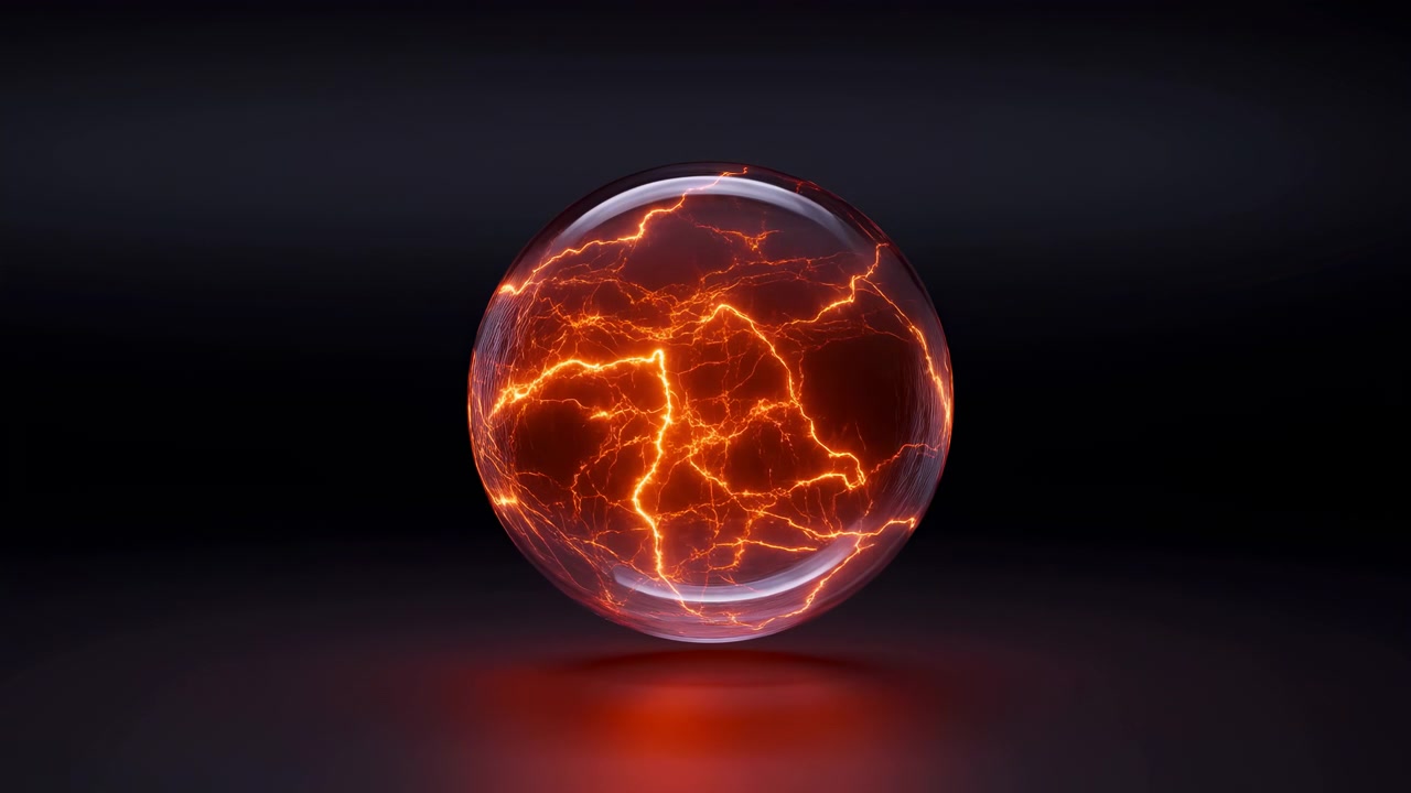 Una sfera di vetro lucido trasparente è sospesa sopra un pavimento opaco, mentre fessure rosso-arancio brillanti si diffondono attraverso il suo nucleo, creando un motivo energetico ramificato su uno sfondo sfumato scuro da studio, a livello degli occhi.