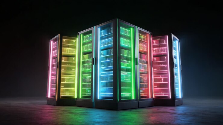 An Edgy, Futuristic Data Center Showcasing Colorful, Illuminated Server Racks in a Dark Environment, Highlighting the Symbiosis of Technology, Design, and Innovation in Modern Computing