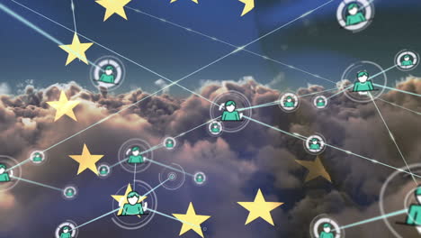 network of profile icons over waving eu flag against clouds in the sky