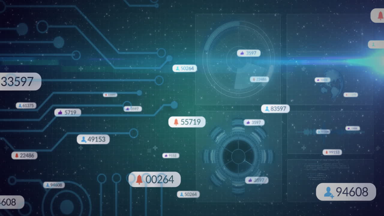 Animation of digital data processing with numbers and alerts over circuit design