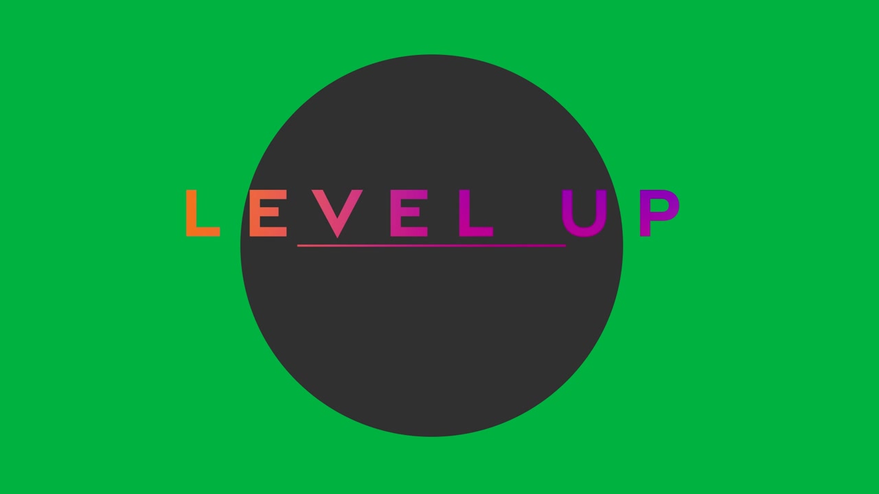 Digital animation of gradient level up text over circle shape against white background