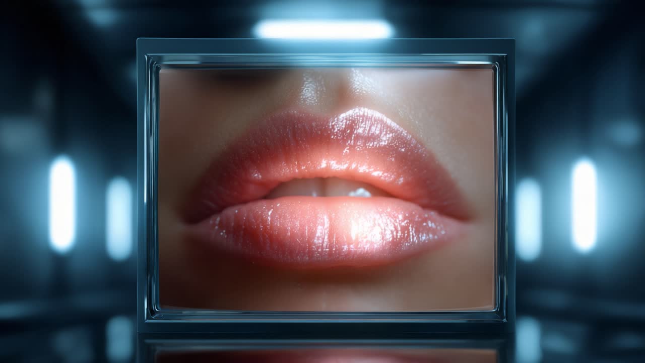 Primo piano di labbra lucide incorniciate in un ambiente scarsamente illuminato, evidenziandone la lucentezza e la texture con un focus intimo su bellezza ed estetica.