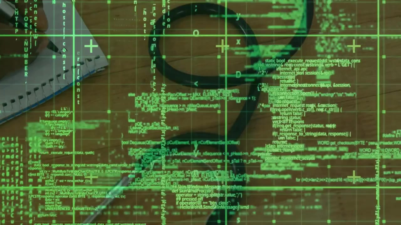 Digitale data og kode overlejrer et stetoskop med håndskrift