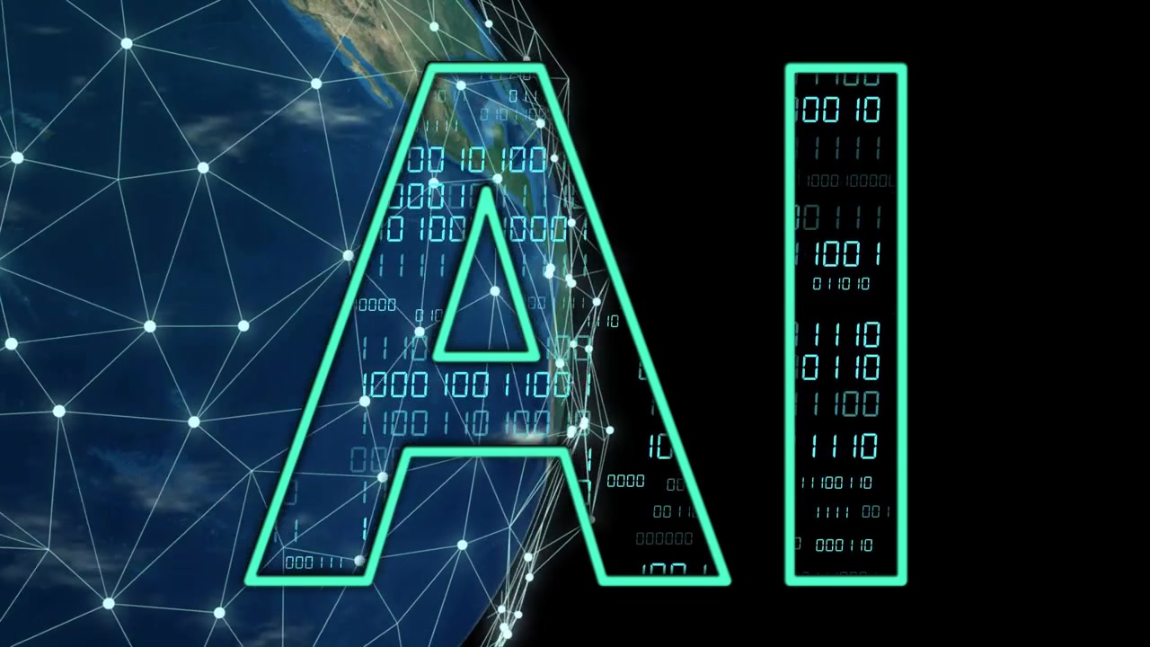Globe rotating, network brightening, letter A and I filling with scrolling binary, showing data