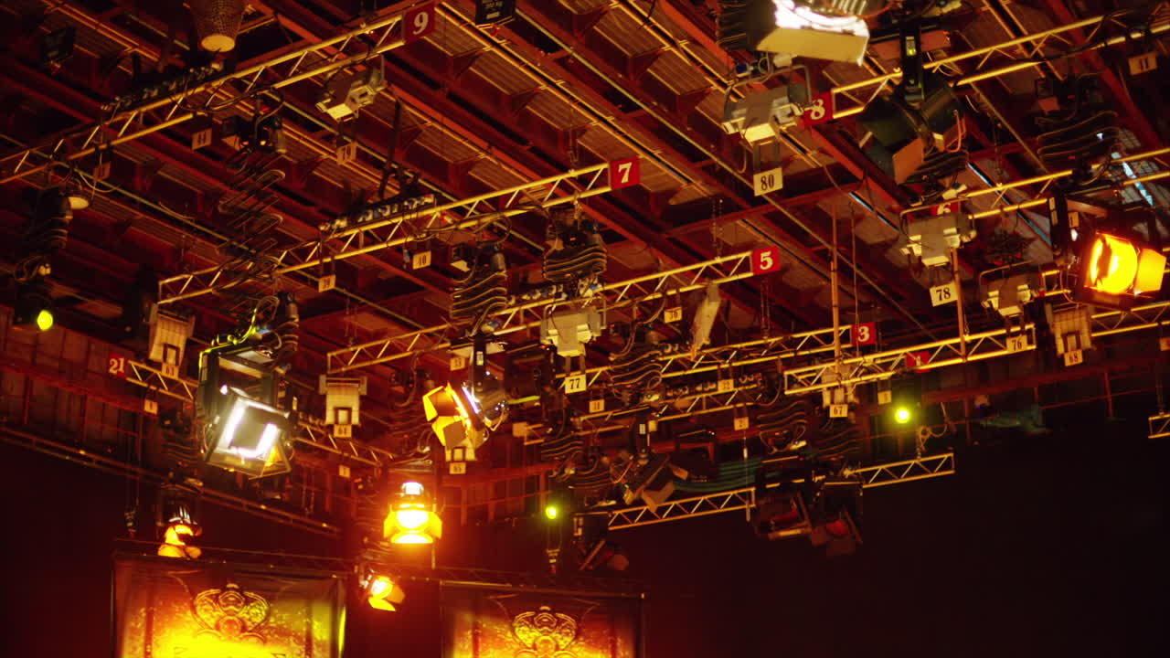Flashing studio lights equipment on the ceiling of a TV set