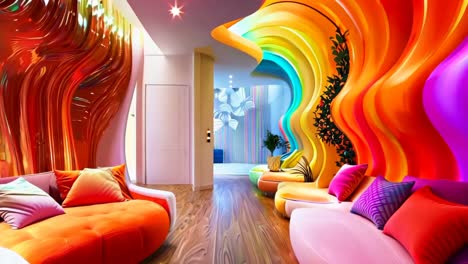 a room with a rainbow colored wall and a couch