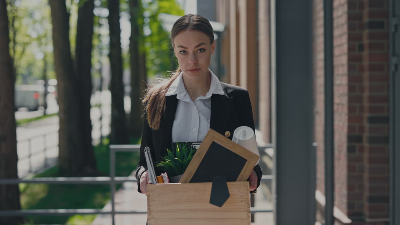 Woman fired from her job carrying a box of her belongings