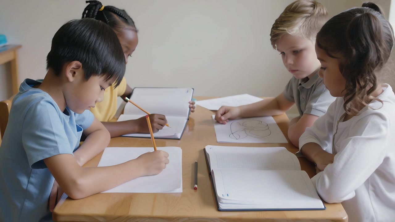 Drawing Asian boy making pencil strokes at school table for class, braided girl writing in notebook