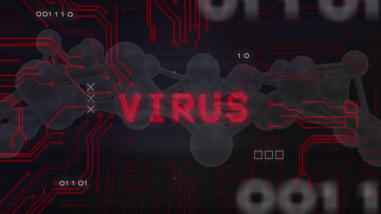 Molekylær model vises, neonkredsløb og binær kode driver, VIRUS-tekst fejler og stabiliserer