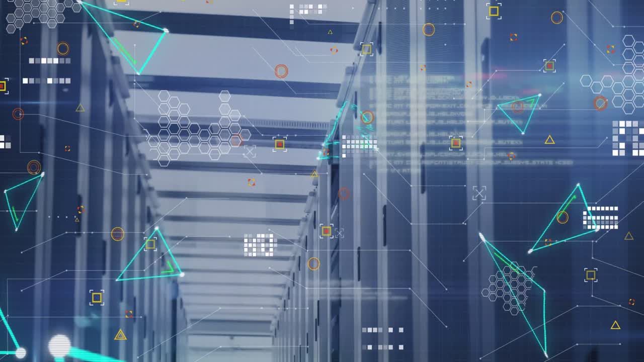 Animation of connected dots forming shapes and circuit board pattern over server room