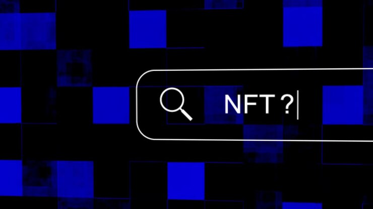 Animación de barra de búsqueda escribiendo una pregunta - NFT?. Los tokens no fungibles, o NFT, son piezas de contenido digital vinculadas a la cadena de bloques. Fondo abstracto. 4K