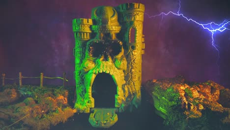 remake del juego castle greyskull con niebla y relámpagos he-man y los maestros del universo 4k primer plano con zoom