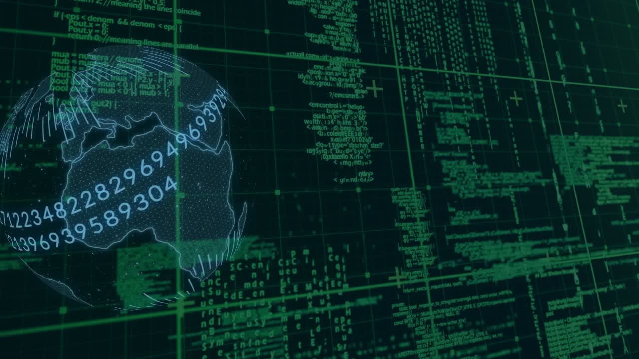 Animation of spinning globe and data processing against black background
