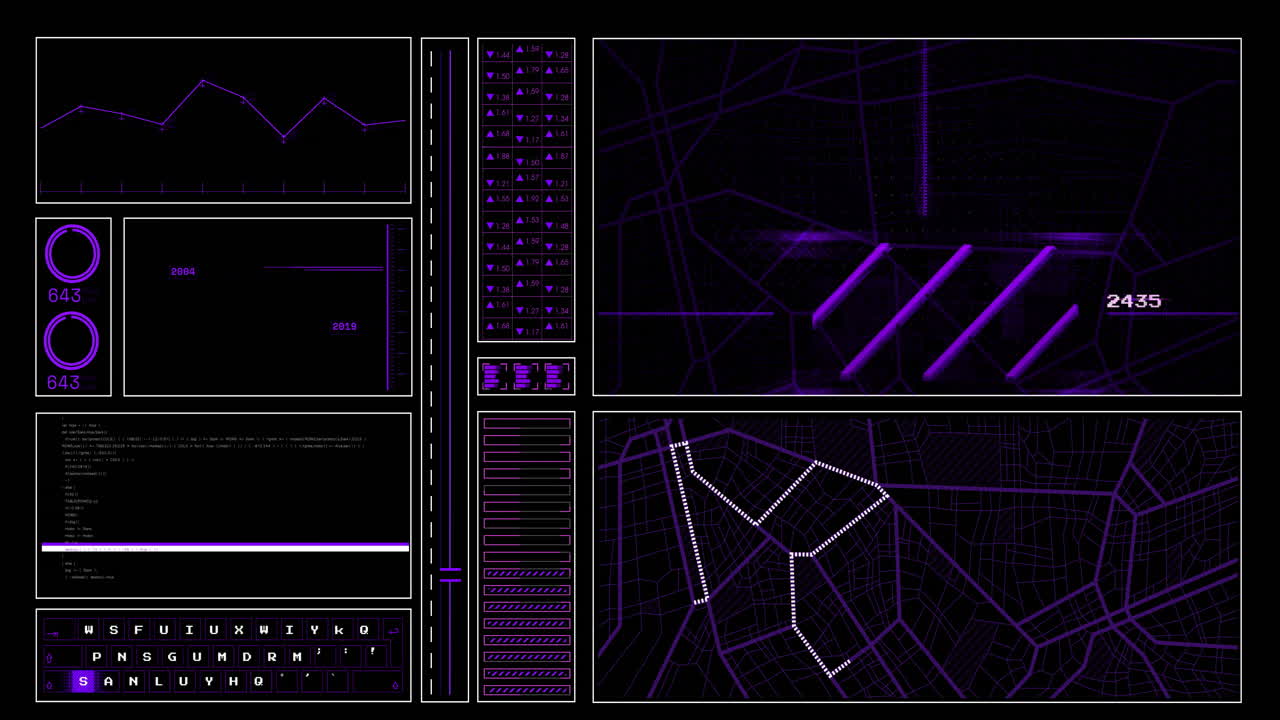 Animation of digital interface and data processing on black background