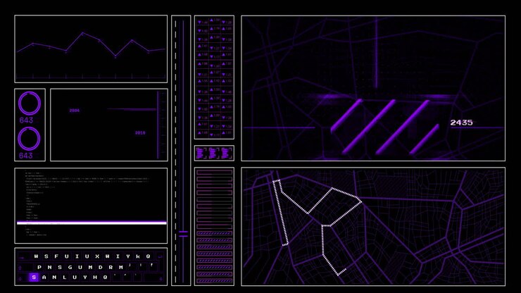 Animazione di interfaccia digitale ed elaborazione dati su sfondo nero
