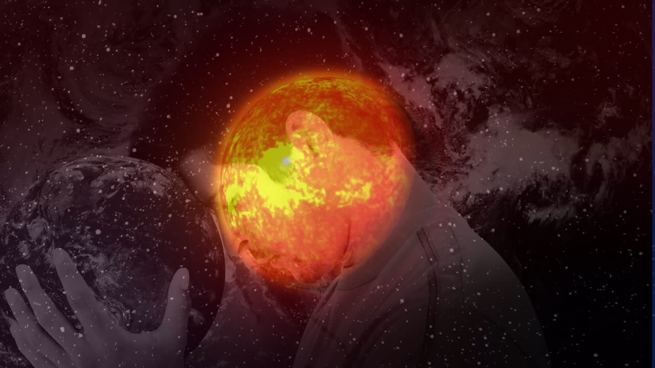 점과 행성 위에 지구를 가진 백인 남자의 애니메이션