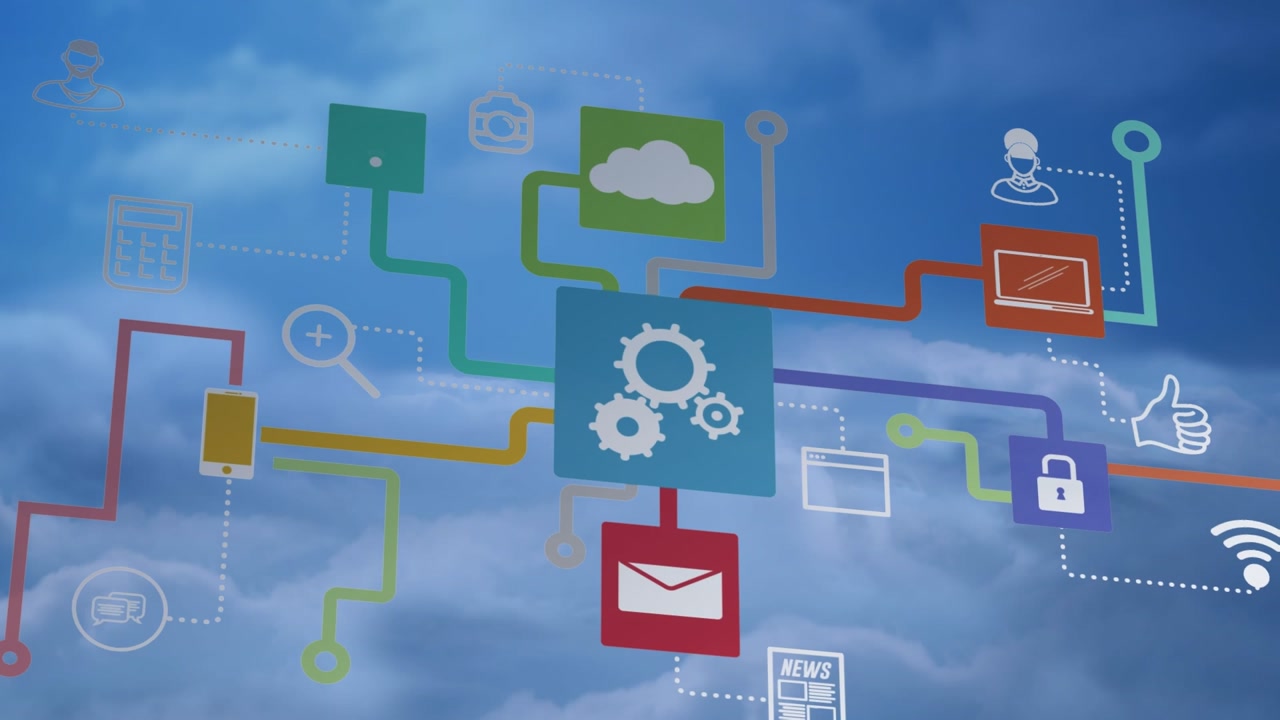 Animation of technology icons over sky with clouds
