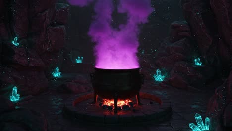 A Mysterious Cauldron Steams in an Enchanted Cave, Surrounded by Glowing Crystals and Dark Rocks, Creating an Aura of Magical Intrigue and Mysterious Alchemy