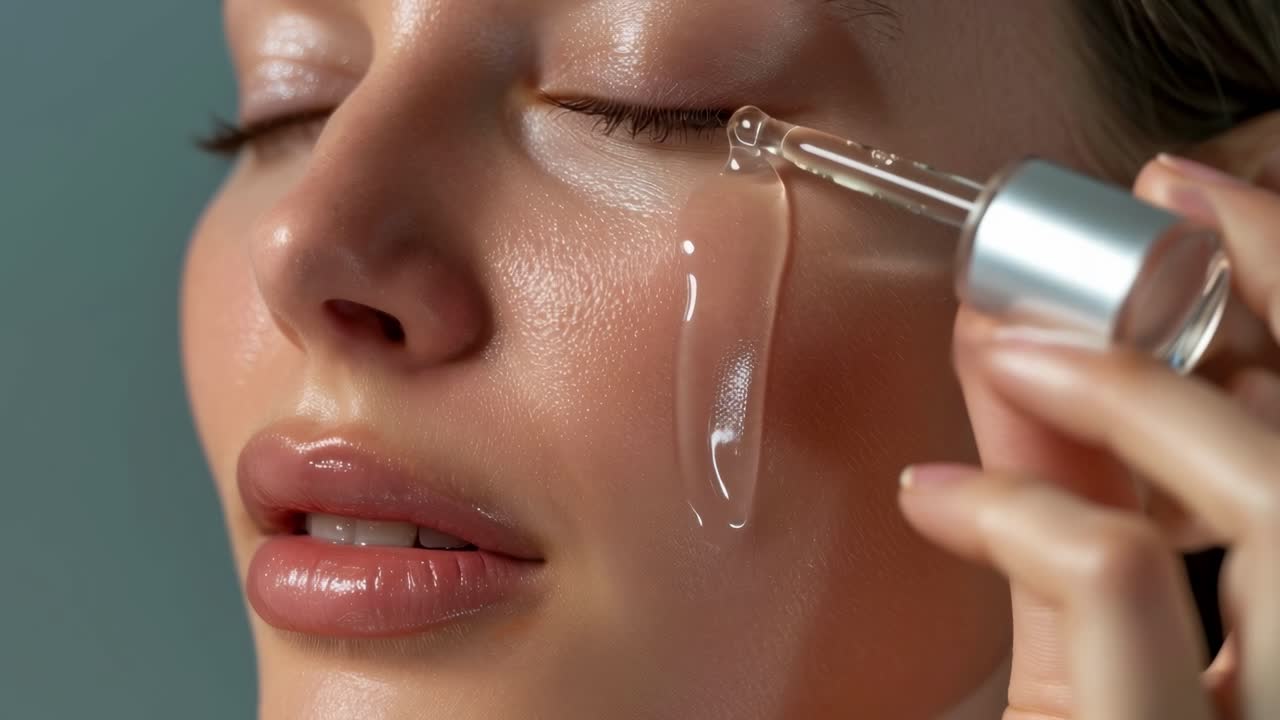 Close-up video angle capturing a serene face applying serum