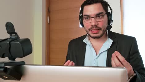 confident call center operator at his desk
