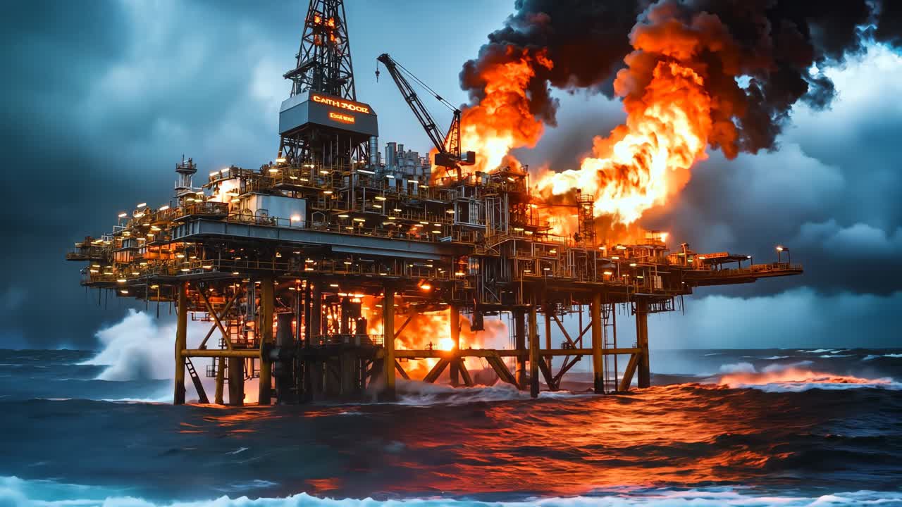 En boreplatform midt ude på havet med en stor brand, der kommer ud af den