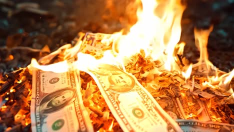 a pile of money sitting on top of a fire