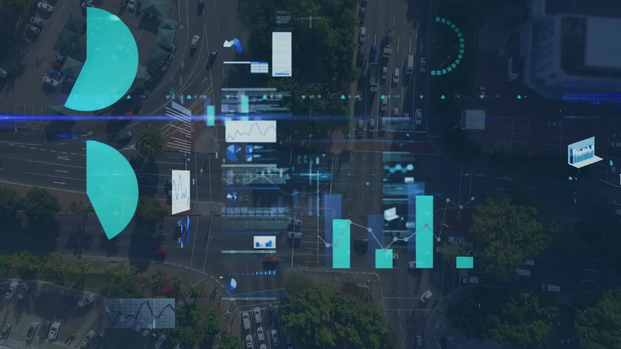 Animation of data processing over cityscape