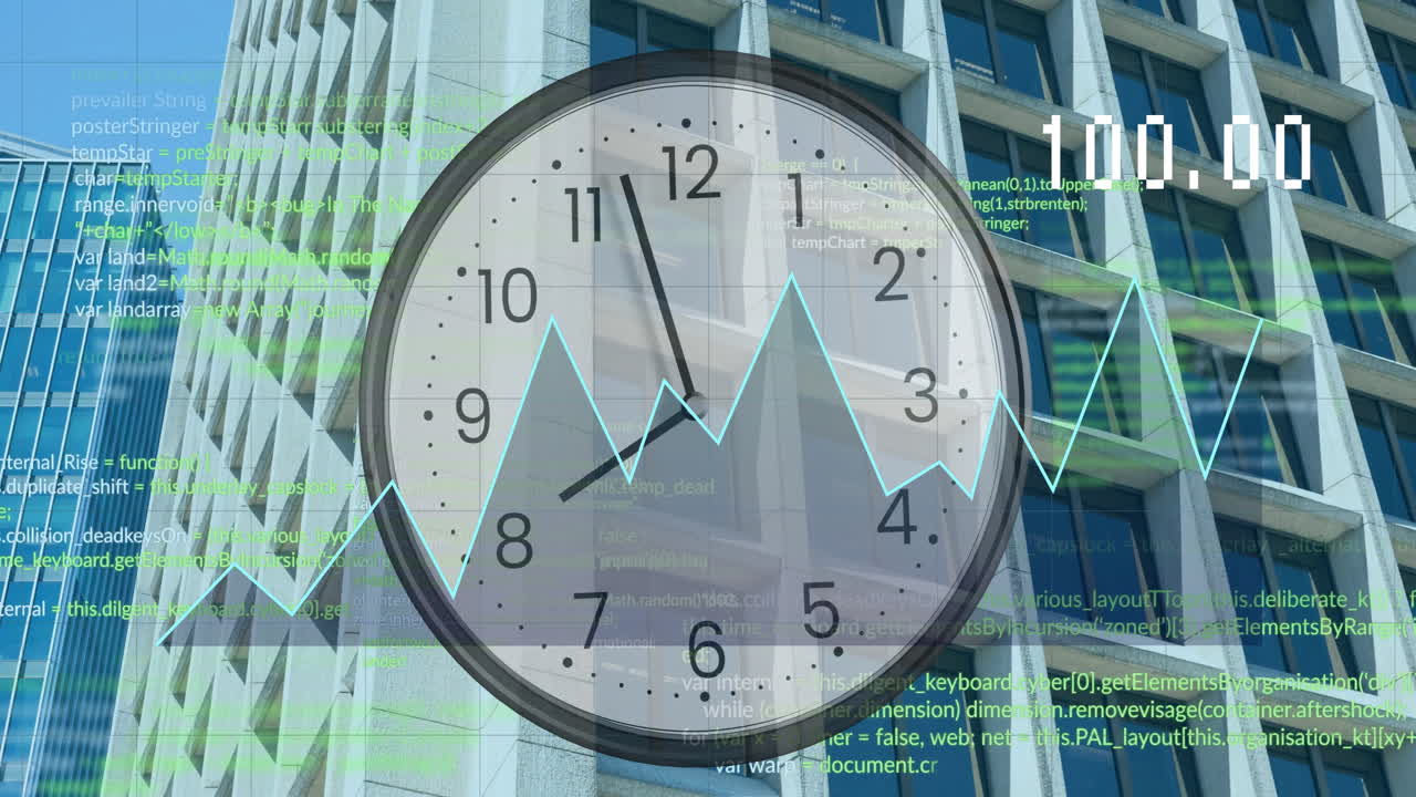 animación de diagramas y procesamiento de datos con reloj sobre el paisaje urbano
