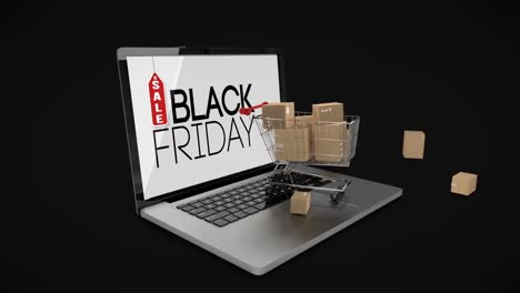 Trolley-with-boxes-on-laptop-displaying-black-Friday-sale-sign