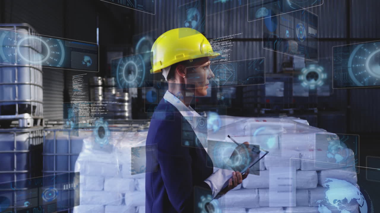 In warehouse, engineer in hard hat using tablet with animation overlay