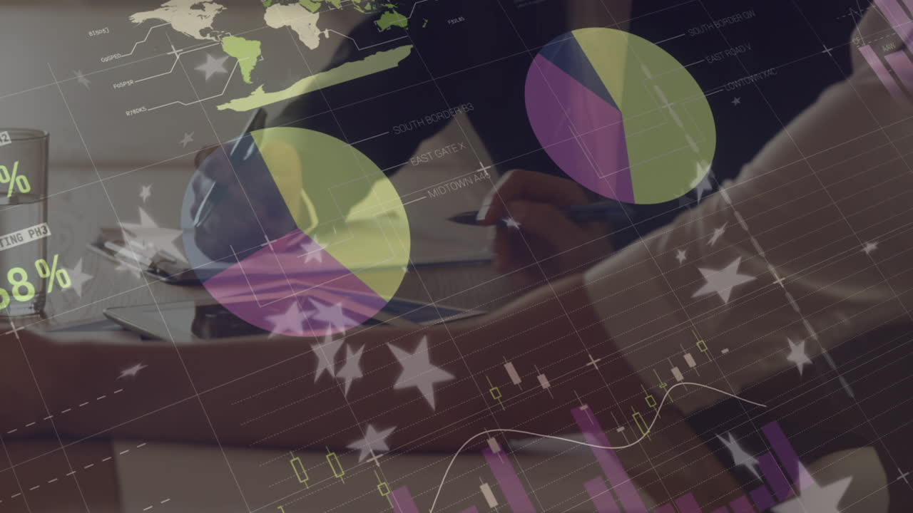 animación de estadísticas y procesamiento de datos con estrellas sobre diversas personas de negocios