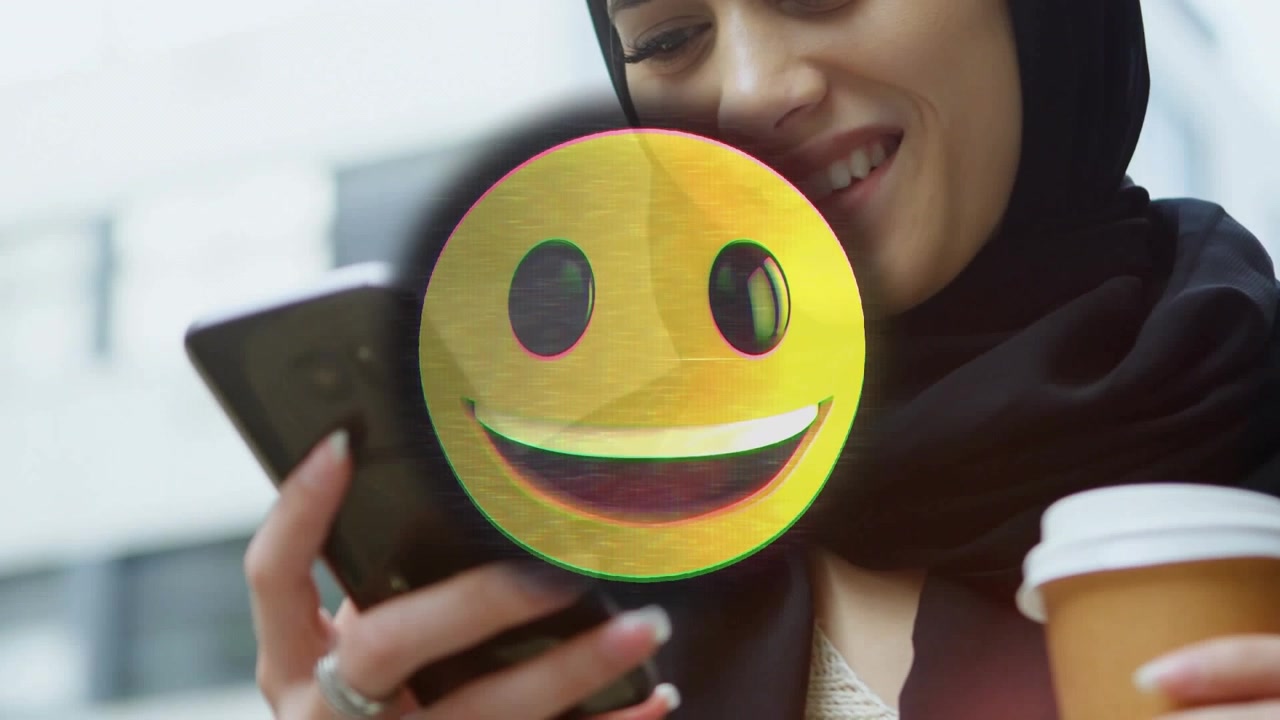Animation of emoji icon moving over business woman using phone headsets