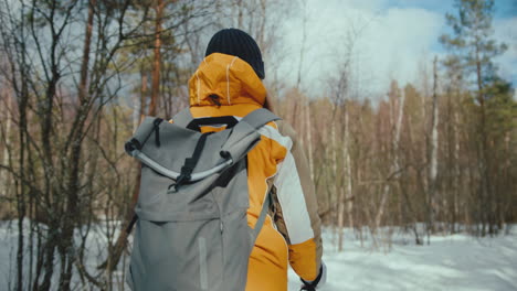 mujer millennial caminando en el bosque durante el invierno