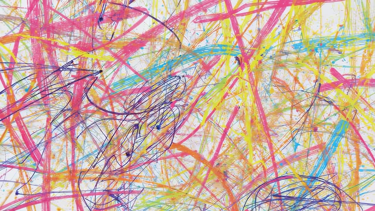 Playback starting revealing multicolored scribbles and lines filling frame forming abstract pattern