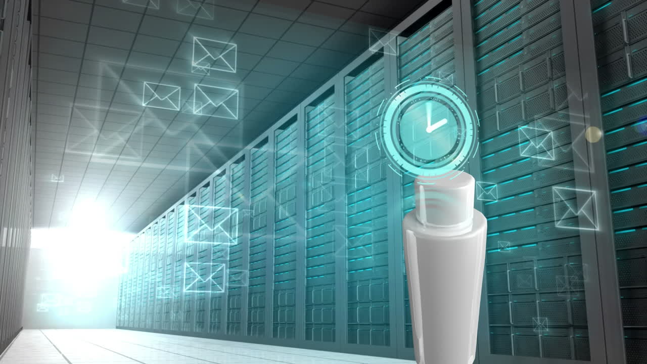 Animation of clock and envelope icons over cream container and server room