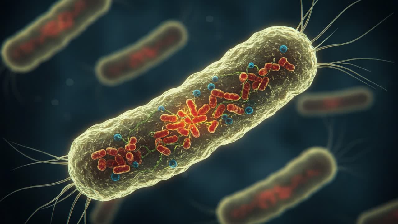 Detailed Close-Up of Bacterial Structures Showing Complex Interactions and Vibrant Cellular Processes in a Microscopic World of Microorganisms